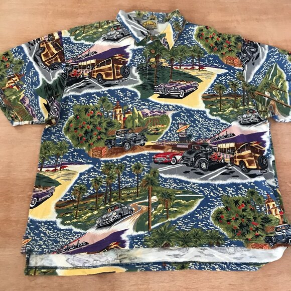 Vintage Reyn Spooner Hawaiian Polo Shirt Men L Blue Green Vintage Cars Collared - Picture 1 of 10